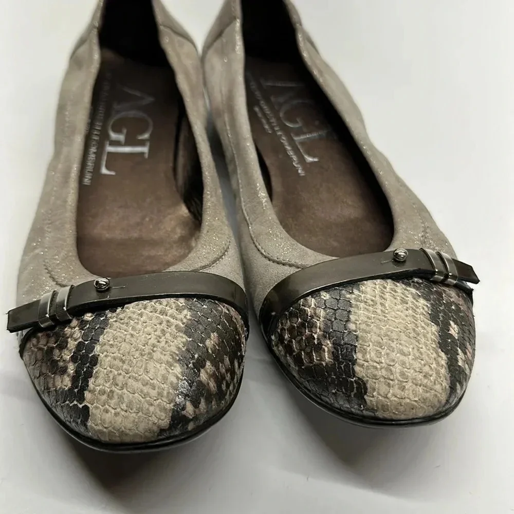 AGL Ballet Flats Shoes Cap Top Buckle Suede Snakeskin Metallic Size 36.5 6.5